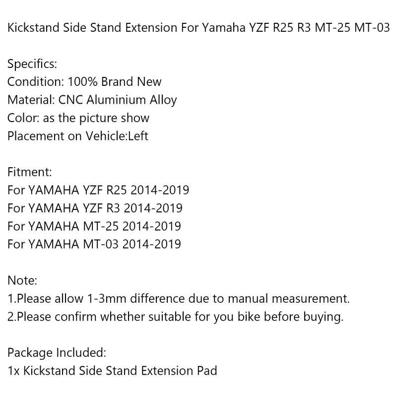 Seitenständer Ständer Vergrößerungsplatte für YAMAHA YZF R25 R3 MT-25 MT-03 2014-2017 Generic
