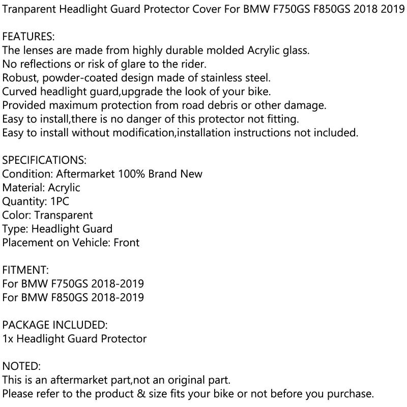 Transparente Scheinwerferschutz-Schutzabdeckung für BMW F750GS F850GS 2018 2019 Generic