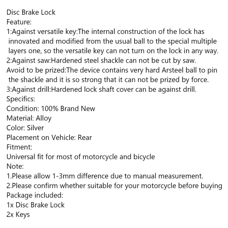 1 cerradura de seguridad para motocicleta, bicicleta, scooter, bloqueo de freno de disco de rueda portátil, genérico