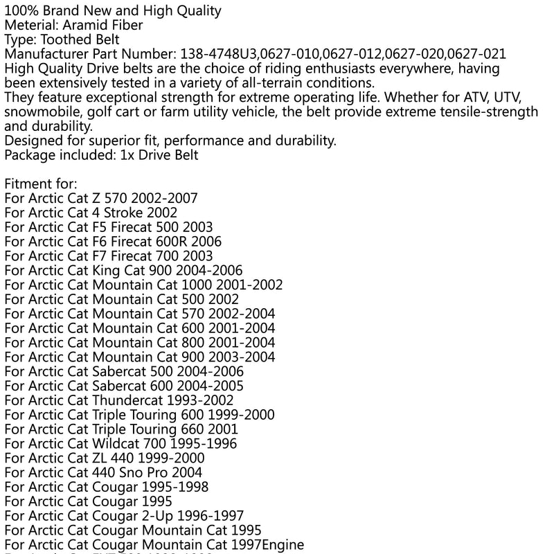 Antriebsriemen 0627–010 für Arctic Cat F5 F6 King Mountain Cat 500 800 Wildcat EFI Generic