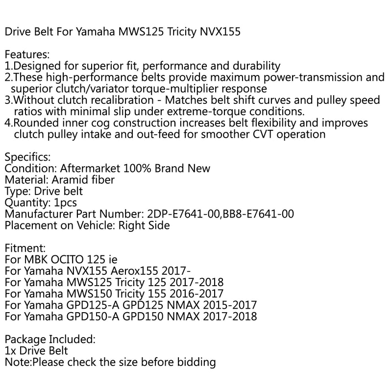 Drivrem för Yamaha NVX155 Aerox 155 MWS 125 GPD125 Tricity BB8-E7641-00 Generic