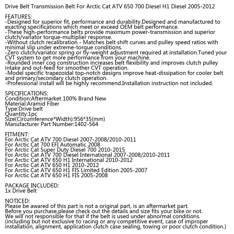 Correia de transmissão de substituição para Arctic Cat 1402-564 ATV 650 700 Diesel HI 2005-2015 Genérico