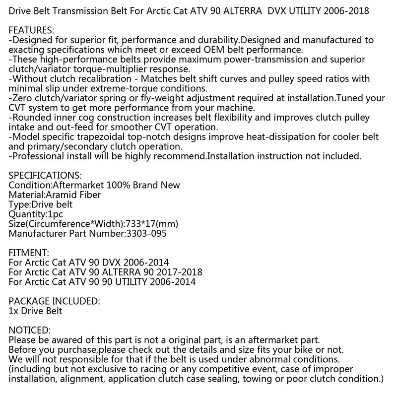 Ersatz-Antriebsriemen für Arctic Cat 3303-095 ATV 90 DVX ALTERRA UTILITY 06-18 Generic