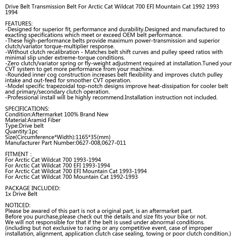 Antriebsriemen für Arctic Cat 0627–008 0627–011 Schneemobil Wildcat 700 EFI 92–94 Generic