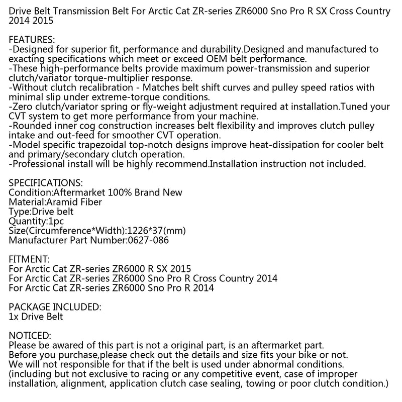 Correia de transmissão para Arctic Cat ZR Series 0627-086 Snowmobile ZR6000 Sno Pro R 14-15 Genérico