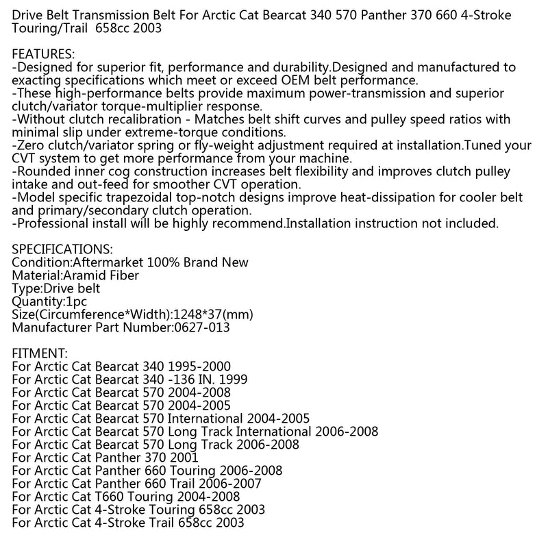 Correia de transmissão para Arctic Cat 0627-013 Snowmobile Bearcat 340 570 Panther 370 660 Genérico