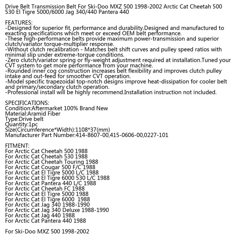 Correia de transmissão para Arctic Cat 0227-101 Cheetah Cougar Jag Ski Doo Formula LT/SLS/STX Generic