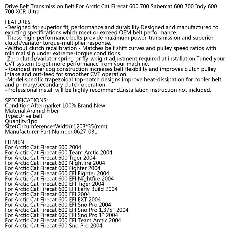 Correia de transmissão para Arctic Cat Snowmobile 627-035 FireCat SaberCat 700 EFI 2005 2006 Genérico