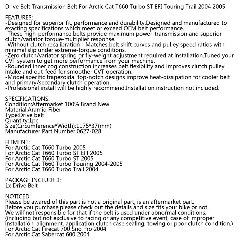 Antriebsriemen für Arctic Cat Snowmobile 0627–028 T660 Turbo Trail Touring 2004–2005 Generic