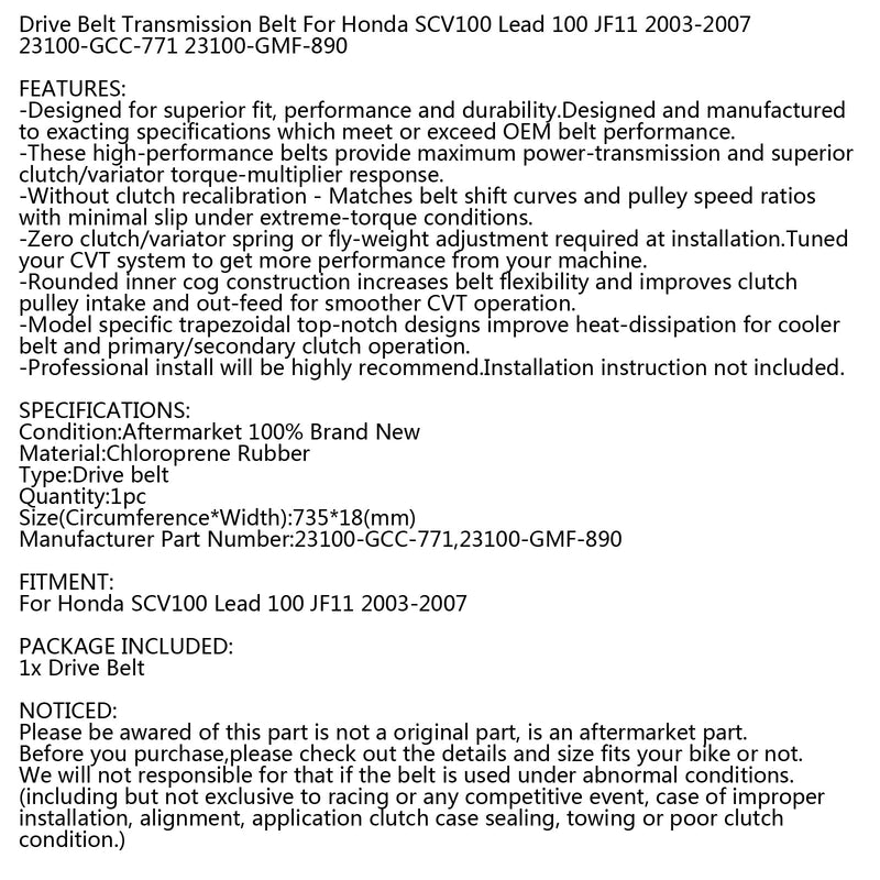 Pasek napędowy 735OC x 18W dla Honda SCV 100 Lead JF11 03-07 Scooter 23100-GCC-771 Generic