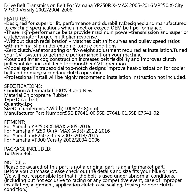 Drivrem för Yamaha X-City VP125 X-MAX YP125 R RA Versity VP300 02-16 Scooter Generic