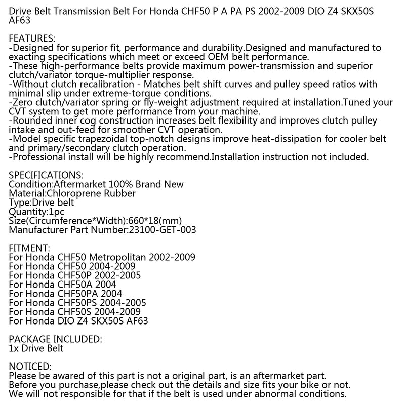 Pasek napędowy do Honda Metropolitan CHF50 PAS PA PS 2002-2009 23100-GET-003 Generic