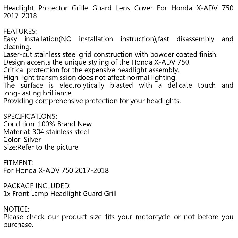 Grade de proteção do farol proteção do farol adequado para Honda X-ADV 750 2017-2020 Genérico