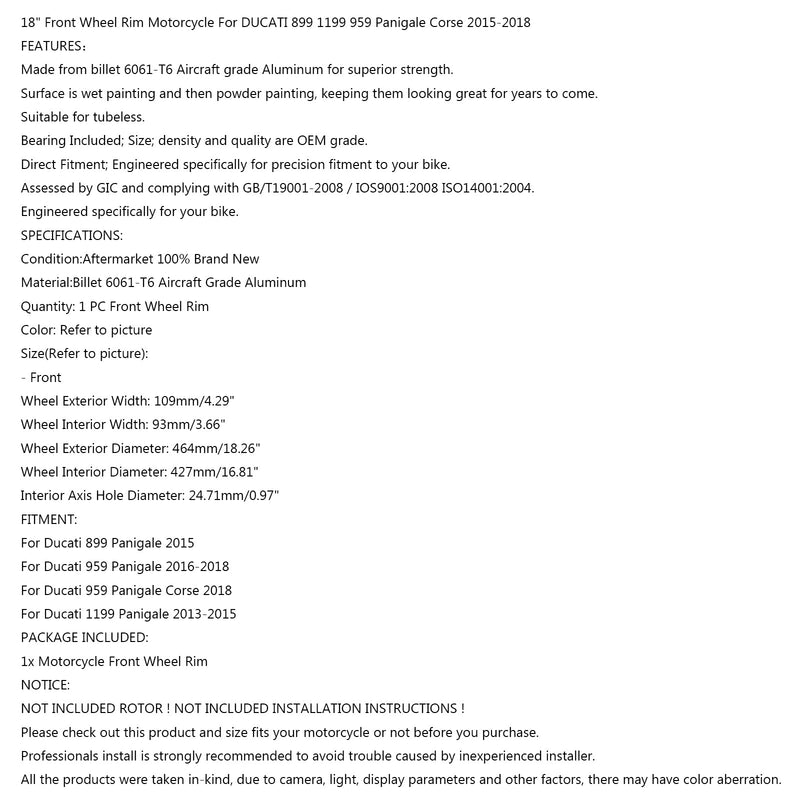Obręcz koła przedniego motocykla do Ducati 1199 899 959 Panigale / Corse 2013-2018 Generic
