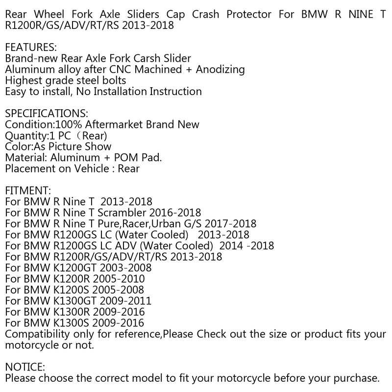 Hinterrad-Gabel-Achse-Schiebereglascap-Crash-Beschützer für BMW R1200GS LC Adv 13-2018