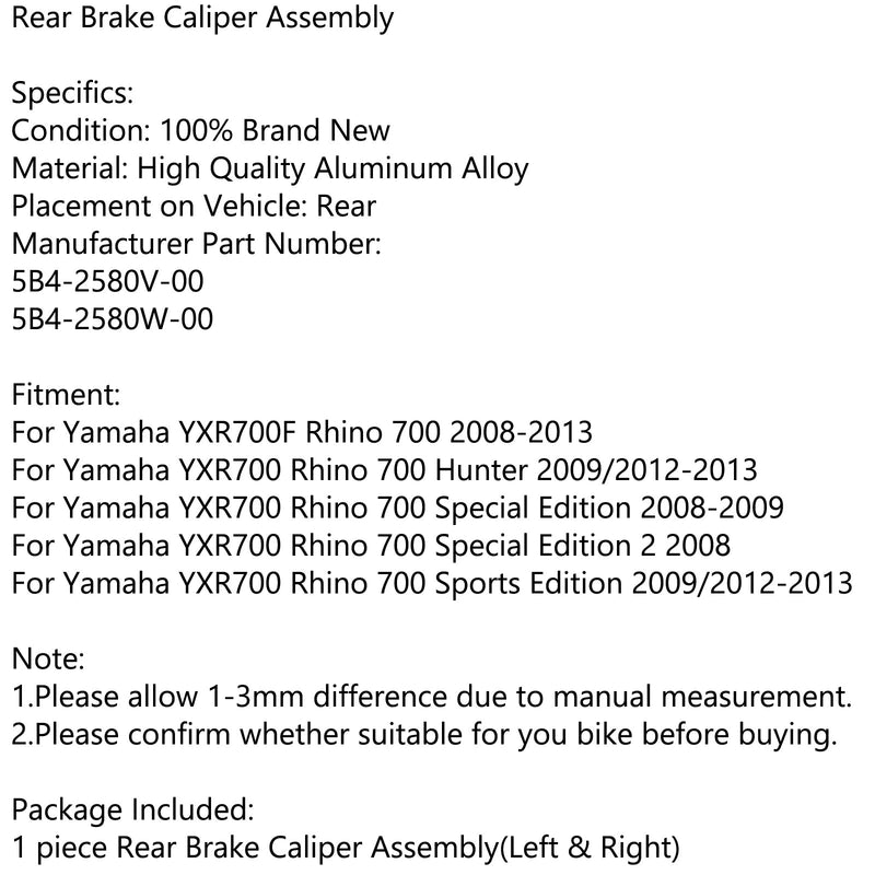 Conjunto de pinça de freio traseiro para Yamaha YXR700F Rhino 700 Hunter Sport 12-13