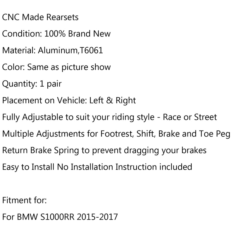 Motorcykel CNC bakre fotpinnar set fotpinnar för BMW S1000RR 2015-2017 Generic