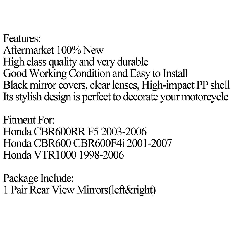 Pari moottoripyörän taustapeiliä Honda VTR1000 98-06 CBR600 CBR600F4i 01-07 Generic