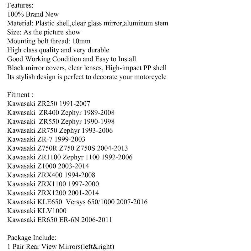 10 mm par backspeglar för Kawasaki ZR-7 ZRX1200 2001-2008 Zephyr 1100/750 Generic