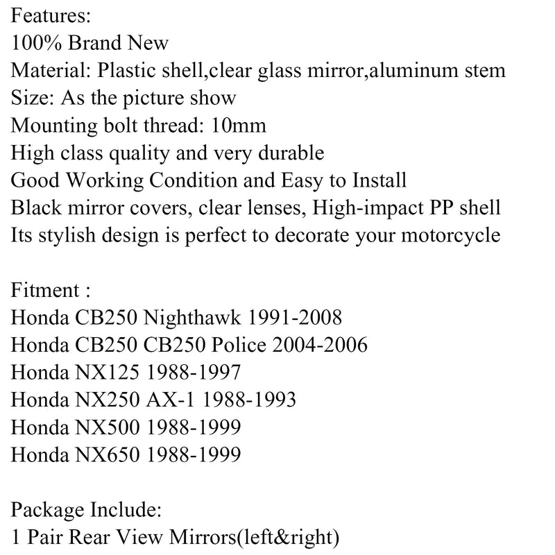 10mm moottoripyörän taustapeili Honda NX125 88-97 CB250 Nighthawk 91-08 Generic