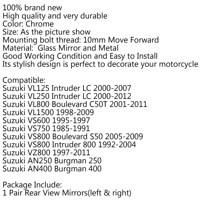 10 mm backspegel bakre sidospegel för Suzuki VS600 VS750 VL800