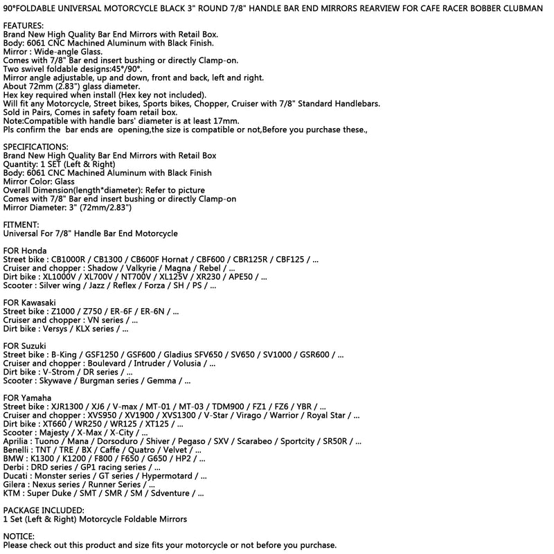 Universal 7/8 sammenleggbar motorsykkel CNC stangende 3 runde speil bakside
