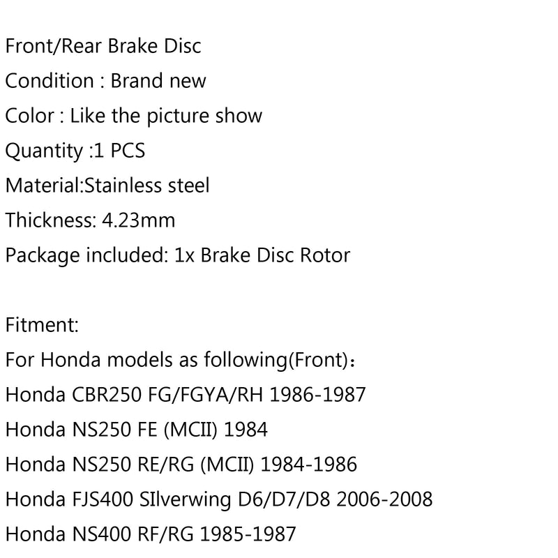 Bremseskive foran/bak for Honda CBR250 NS250 FE VFR400 FJS600 VFR750 CBR750 F3 Generisk