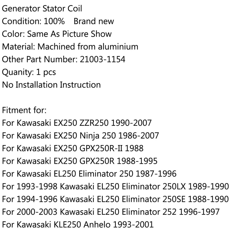 Bobina de estator generador para Kawasaki EX250 Ninja 250 (86-2007) ZZR250 (90-2007) Genérico