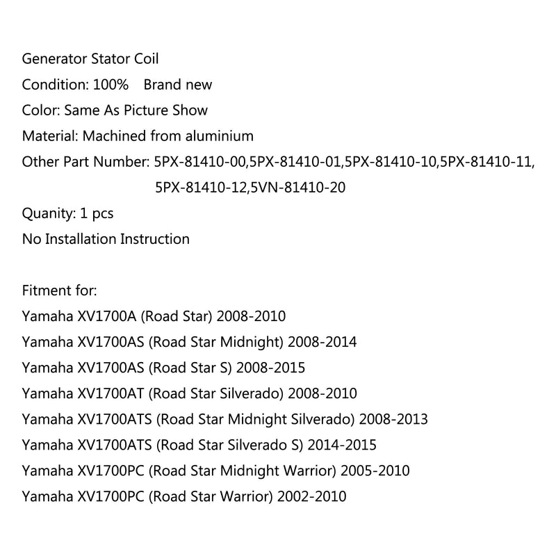 Bobina do estator do gerador para Yamaha XV1700ATS (Road Star Midnight Silverado) (08-13) Genérico