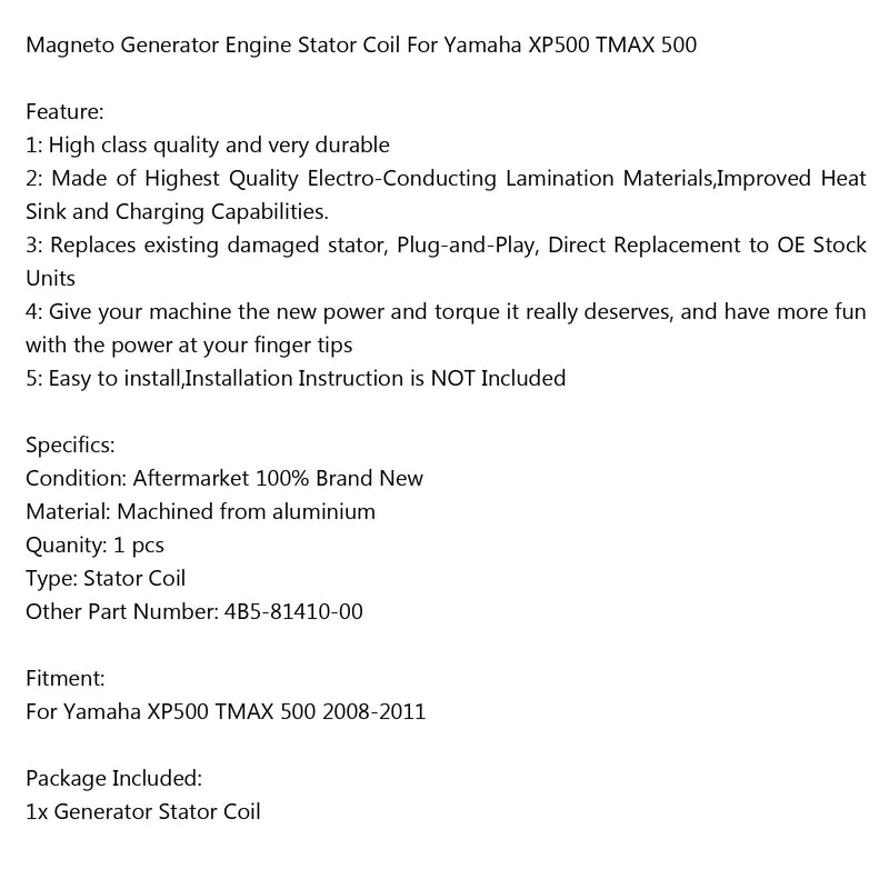 Bobina de estator de generador 4B5-81410-00 para Yamaha XP500 TMAX 500 (08-11) Genérico