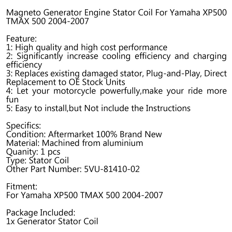 Bobina de estator de generador 5VU-81410-02 para Yamaha XP500 TMAX 500 (04-07) Genérico