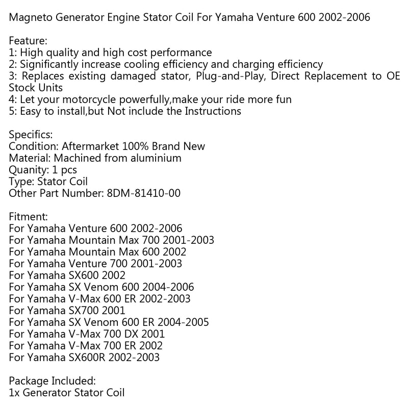 Bobina de estator generador para Yamaha Venture 600 (02-06) SX600R (02-03) Genérico