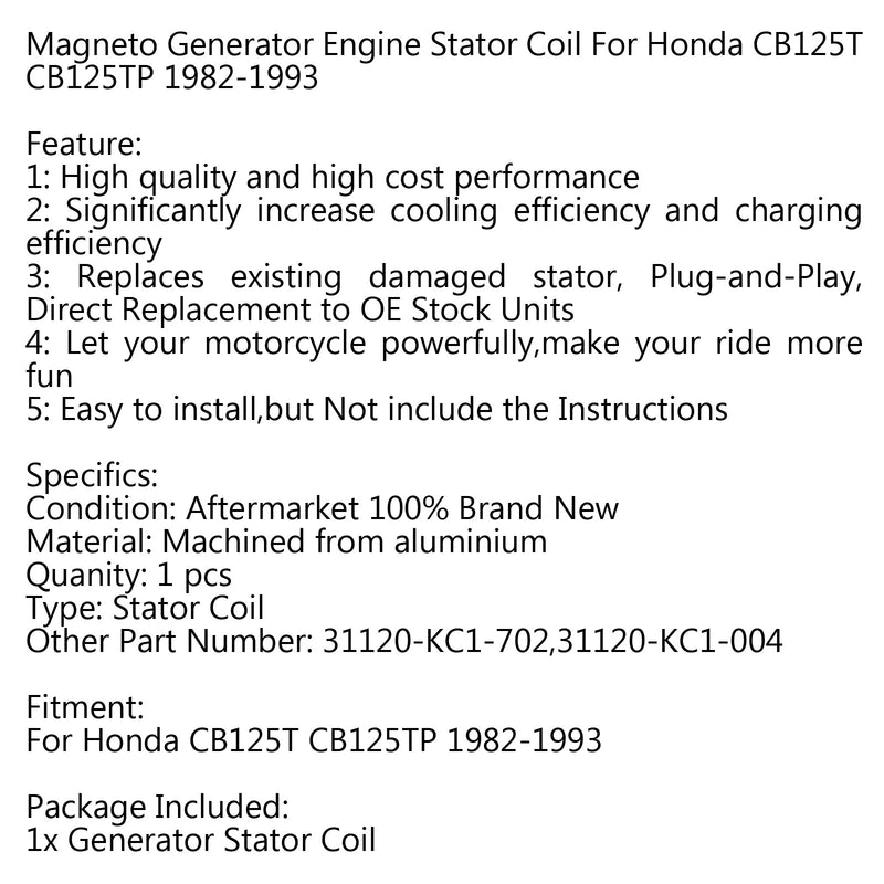 Bobina do estator do gerador 31120-KC1-004 para Honda CB125T CB125TP (82-1993) Genérico