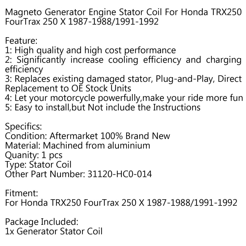 Generator-Statorspule für Honda TRX250 FourTrax 250 X 1987-1988/1991-1992 Generic