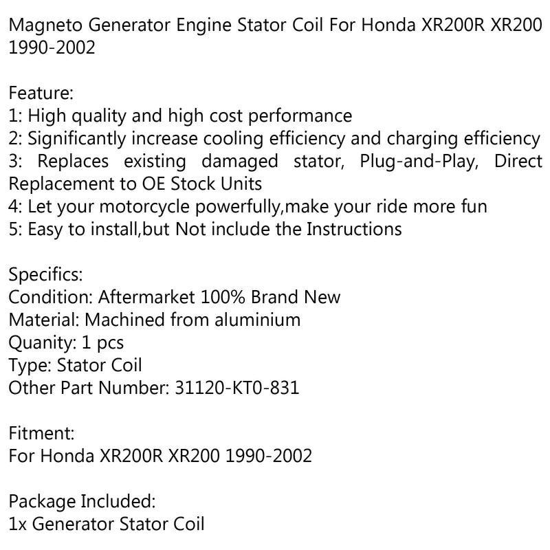 Bobina de estator generador 31120-KT0-831 para Honda XR200R XR200 (90-2002) Genérico