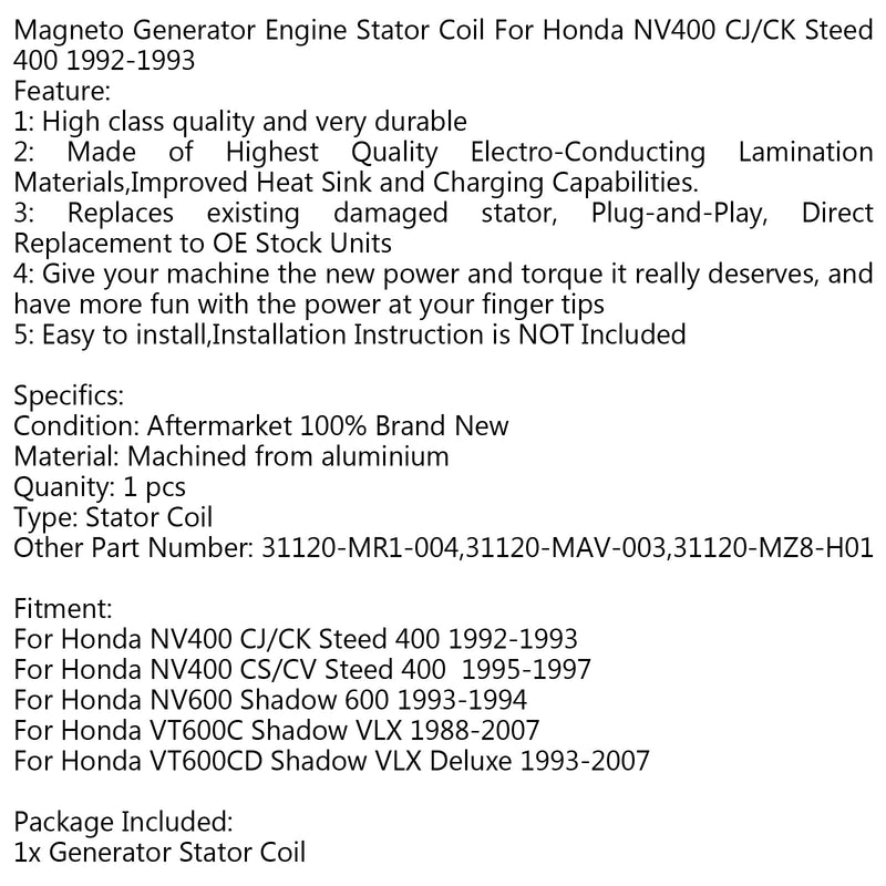 Bobina de estator generador para Honda NV600 Shadow 600 (93-94) VT600C Shadow VLX (88-07) Genérico