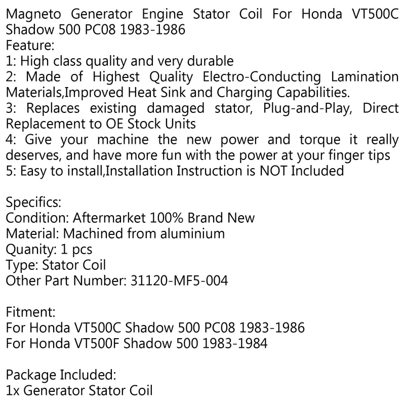 Bobina do Estator do Gerador para Honda VT500C Shadow 500 PC08 (83-86) VT500F Shadow 500 Genérico