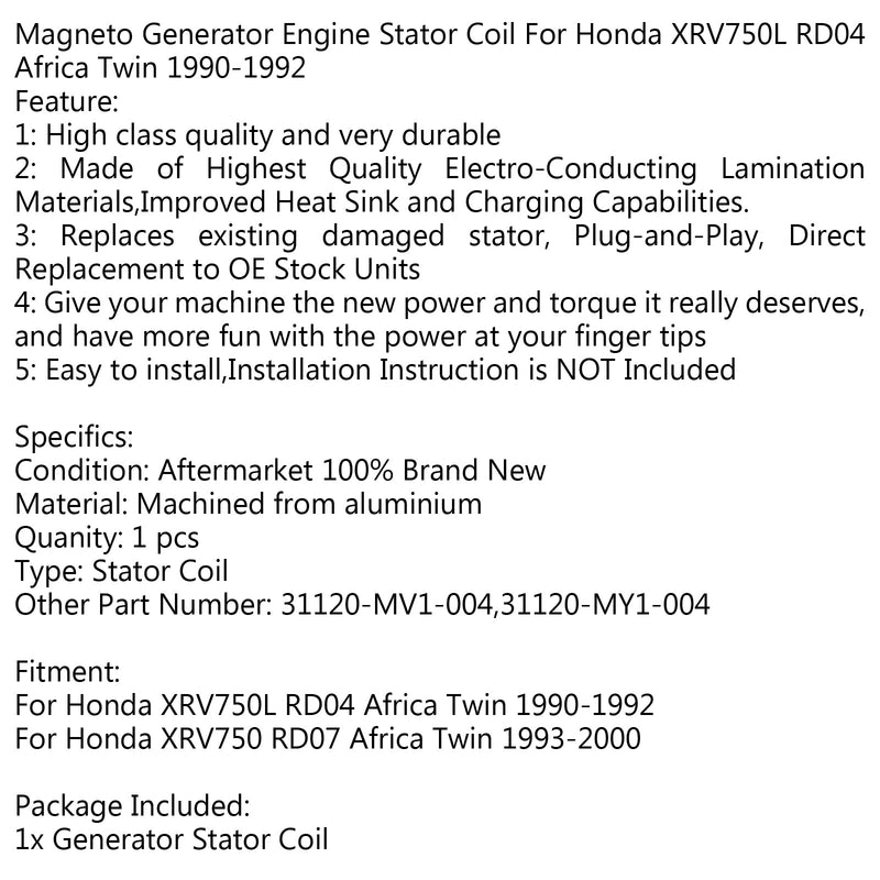 Bobina do estator do gerador 31120-MY1-004 para Honda XRV750L RD04 Africa Twin (90-92) Genérico