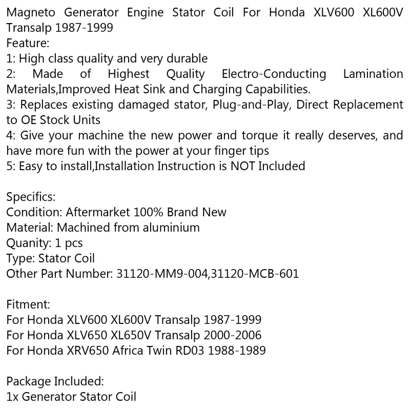 Bobina de estator de generador para Honda XLV600 XL600V Transalp (87-99) XL650V Transalp genérico
