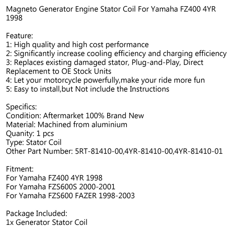 Bobina de estator generador para Yamaha FZS600 FAZER (98-2003) FZS600S (00-01) Genérico