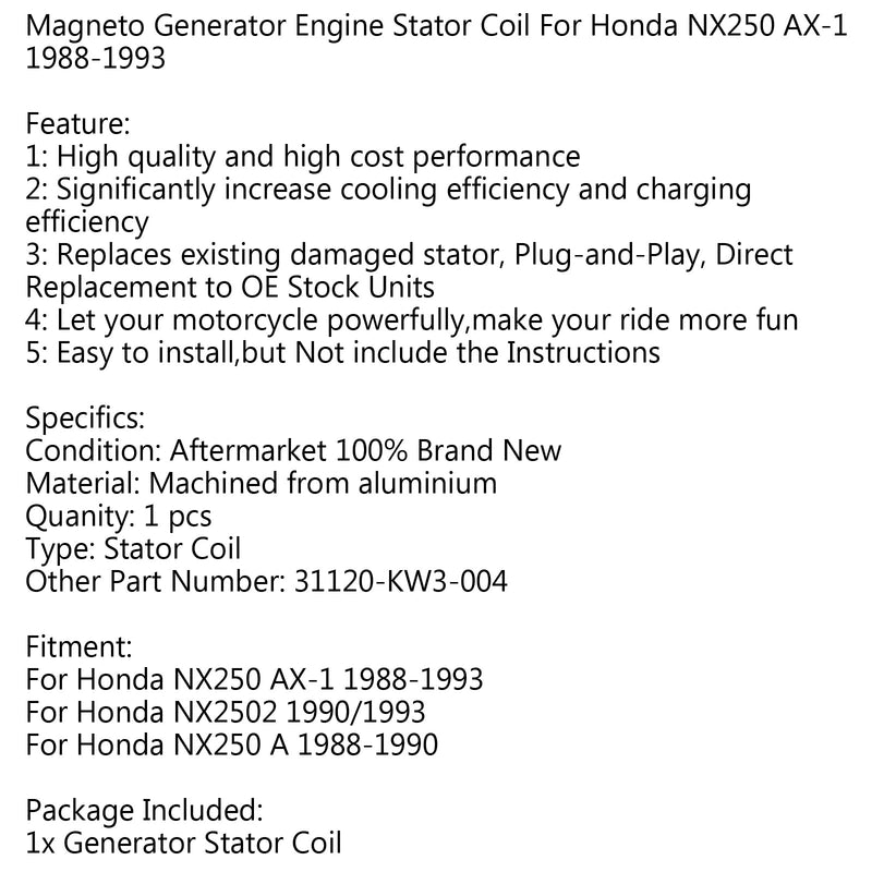 Bobina de estator generador para Honda NX250 AX-1 (88-93) NX250 A 88-90 NX2502 (1990/1993) Genérico
