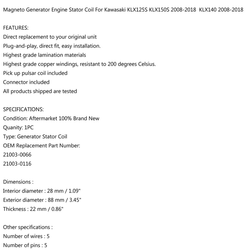 Bobina de estator generador Magneto para Kawasaki KLX125S KLX150S KLX140 LAG 08-18 genérico