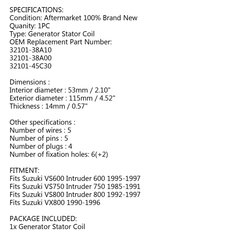 Magnetengenerator Statorspule für Suzuki VS600 VS750 VS800 Intruder VX800 90-97