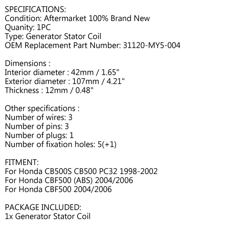 Gerador Estator para Honda CB500S CB500 PC32 1998-2002 CBF500 ABS 2004/2006 Genérico