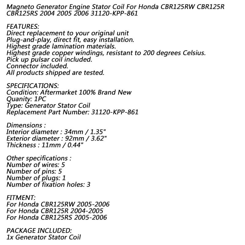 Bobina de estator generador 18 polos para Honda CBR 125 CBR125RW CBR125RS CBR125R 04-06 Genérico