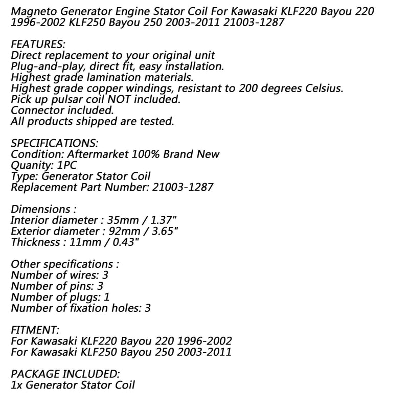 Bobina do estator 18 pólos para Kawasaki KLF220 Bayou 220 96-02 KLF250 Bayou 250 03-11 Genérico