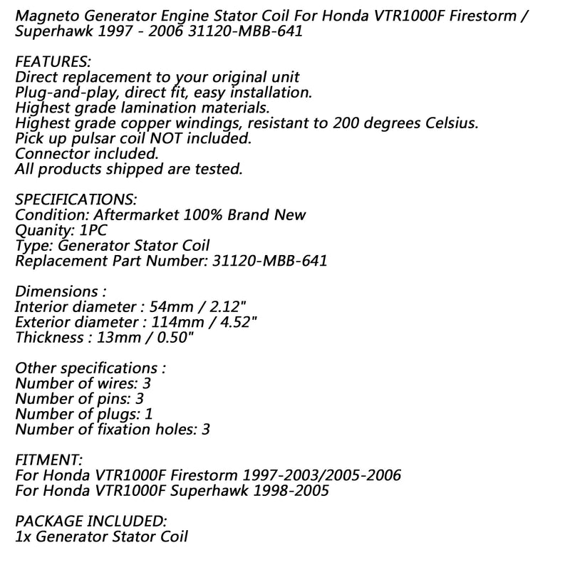 Statorspule 18 Pole für Honda VTR1000F Firestorm/Superhawk 1997-2003/2005-2006 Generic