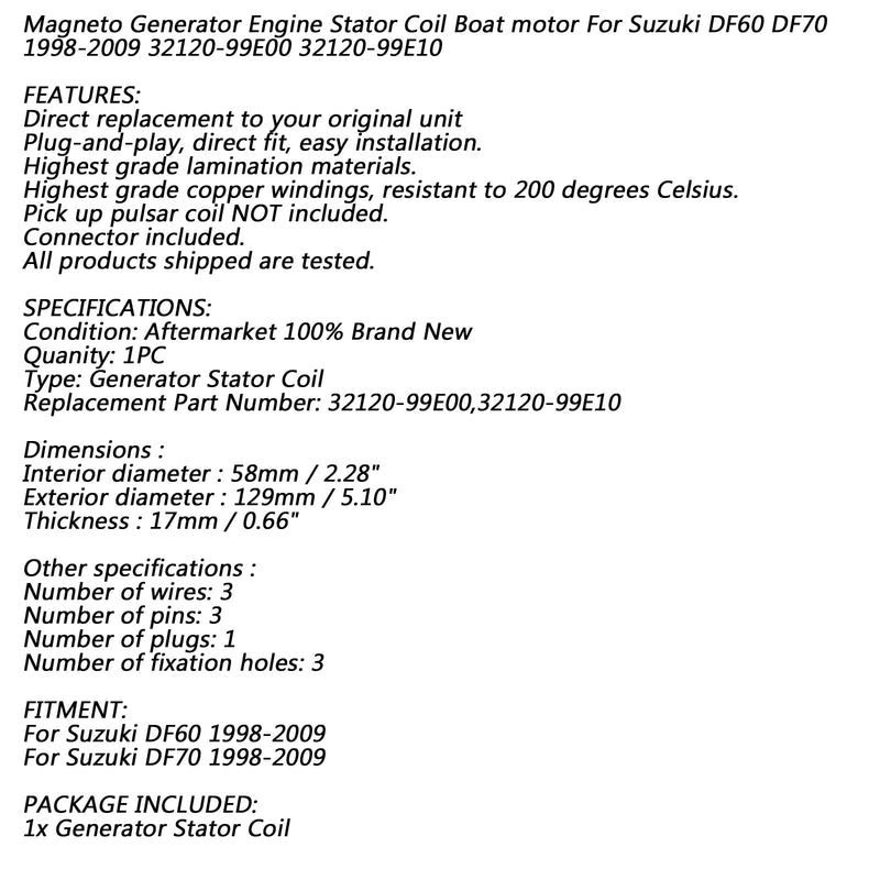 Bobina de carga de batería de estator fueraborda 18 polos para Suzuki DF60 DF70 1998-2009 genérico