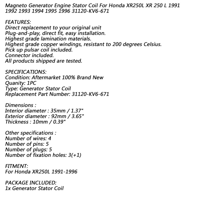 Alternador Magneto Estator Bobina 18 Polos para Honda XR 250 L XR250L 1991-1996 Genérico