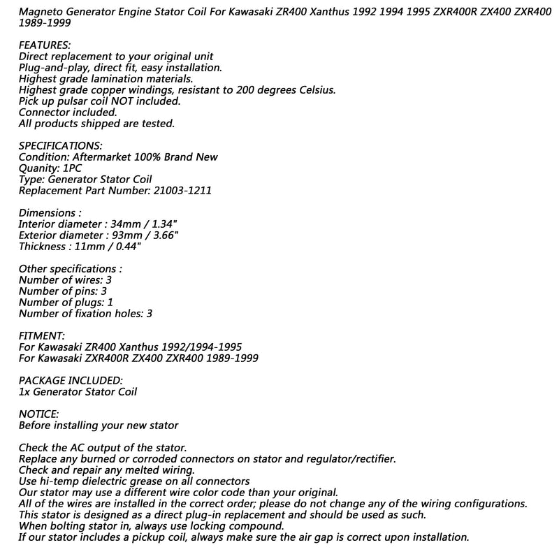 Bobina do estator do alternador para Kawasaki ZXR400R ZX400 ZXR400 ZR400 89-99 21003-1211